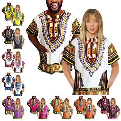 Adalex Global Traditional African Unisex Dashiki Shirt Color Tribal Festival Hippie Africa Shirt Men Women Summer Wear (X-Large, White Orange Yellow)