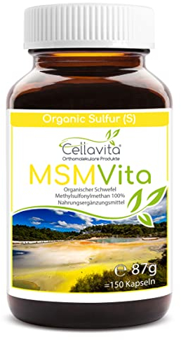 Cellavita – Organischer Schwefel MSM Vita Kapseln hochdosiert & 99,9% rein - 150 Kapseln reines Methylsulfonylmethan im Glas – MSM-Pulver zusatzstoff- & konservierungsmittelfrei – Made in Germany