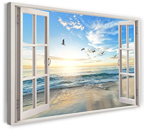 Printistico Bilder Fensterblick 120x80cm Baumwoll-Leinwand auf Keilrahmen mit Aufhänger moderner Kunstdruck XXL Wandbilder Wand-Dekoration Meer Möwen Vögel Natur Sonne - Natur-Fotografie