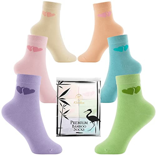 Klenton Calzini in Bambù per Bambina, Traspiranti Calze per Bambina con Motivo a Cuori Carino, Cuciture Piatte, Confezione Ecologica, Confezione da 6, Taglia EU 31-36