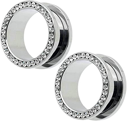 Ayoiow 2 STK Tunnel Stahl, Ohr Plug 6mm mit Weiß Zirkonia Flesh Ohr Tunnel, Silber
