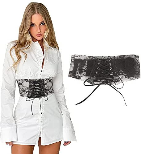 QKEPCY Cinturón Corsé Encaje Transparente Ajustable Cordones Elástico Ancho Mujer Elegante Complemento Vestido Camisa