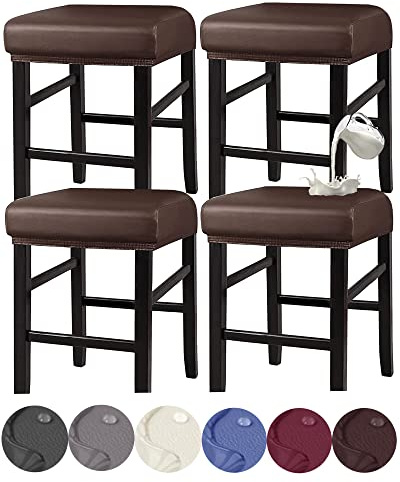 HFCNMY Stool Covers Rectangle, Stretch Waterproof PU Rectangle Bar Stool Covers Vanity Stool Cover Washable Counter Stool Covers Saddle Seat Cover with Elastic Bands (4 Pack,Coffee)