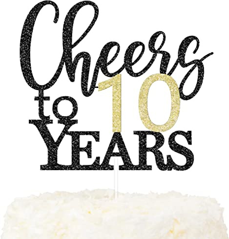 LOVENJOY Cheers to 10 Years Cake Topper for Happy 10th Birthday Anniversary Cake Decorations, Dual-Side Glitter Black and Gold