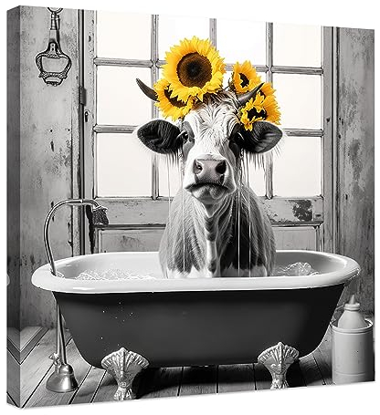 CCWACPP Badezimmer Wandkunst niedliche Kuh mit Sonnenblumen in der Badewanne Leinwanddruck lustiges Bad Tier Poster Badezimmer WC Dekoration gerahmt (45.00 x 45.00 cms)