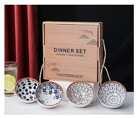 RYHMHA Bol à riz japonais en céramique, avec boîte cadeau, bol épais en porcelaine bleue et blanche, bol à céréales, bol à dessert (4 bols)