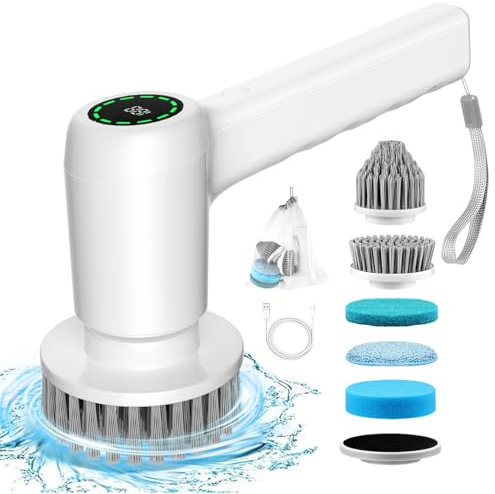 GRUTTI Electric Cleaning Brush, Cordless Electric Spin Scrubber With 5 Brush Heads, with 2 Speeds and Led Display, Power Scrubber for Cleaning Bathroom, Bathtub, Kitchen, Tile, Window,Tub,Floor,Sink