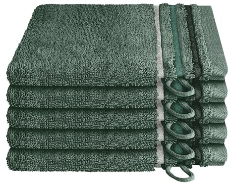 Schiesser Waschhandschuh | 5er Set | 100% Baumwolle | Dunkelgrün | Streifenbordüre | 16x22 cm | flauschig & saugstark | sorgfältig eingenähter Kordelaufhänger | OEKO-TEX® MADE IN GREEN