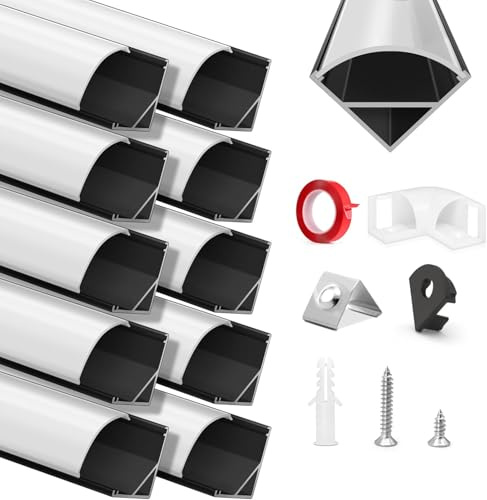 HOMMAND LED Profil 45 Grad, LED Aluminium Profil V-Form 10m, LED Leisten in Aluprofil mit Eckverbinder, Klebstoff, Endkappen und Montageclips, LED Streifen Kanal und Diffusor, LED Kanal 10 x 1m/3,3ft