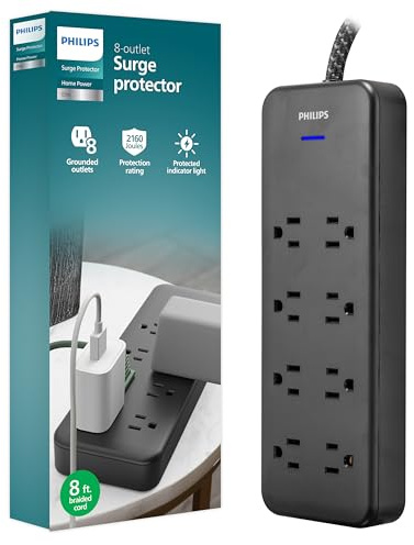 Philips EZFit 8-Outlet Surge Protector Power Strip, 8 Ft Braided Extension Cord, Widely Spaced Outlets, Flat Plug, for Home Office Dorm Essentials, 2160 Joules, Black, SPP3673B/37