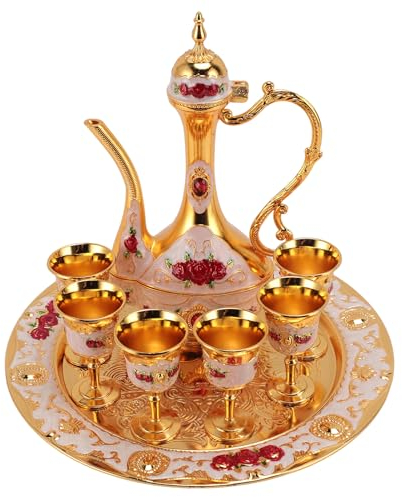 Asixxsix Service de thé Turc en métal avec 6 Tasses à café et Plateau à thé, Service de thé Turc de Luxe, pour la Maison, la fête du thé, la Pendaison de crémaillère, la décoration (Or