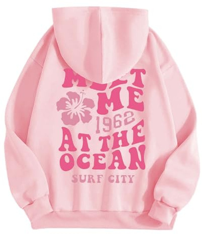 HUIFUAO Huvtröja för kvinnor, överdimensionerad tröja för kvinnor, Meet Me 1962 At The Ocean Surf City, tryckt pullover, topp, Rosa, S