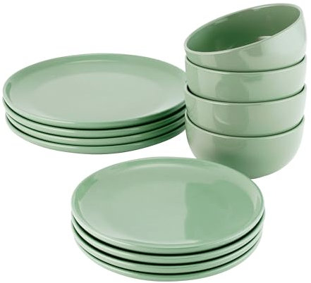 ProCook Stockholm Green Dinner Set Stoneware Scandinavian Style Flat Base Dishwasher, Microwave & Oven Safe Dinnerware 12 Piece, 15.5 x 21 x 27 cm