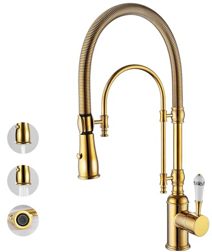 Ialtruistic Classical High Arc Single Handle Spring Kitchen Faucet with Pull Down Spray, Swiveling Commercial Single Handle Kitchen Sink Faucets for Farmhouse, Gold