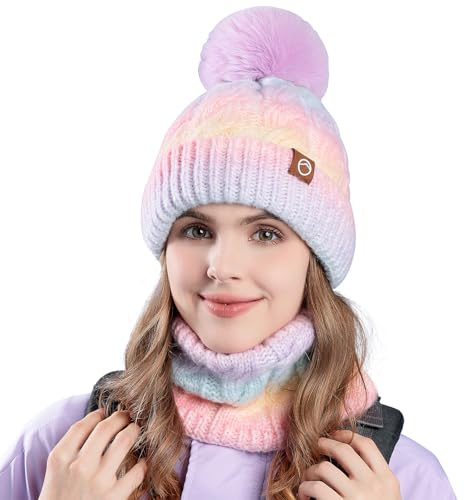 WANYIG Dammössa, vintermössa, vintermössa, mössa, stickad mössa med sjal, höstmössa och halsduk, set med tofs/mjukt fleecefoder, GUL, 53-58CM