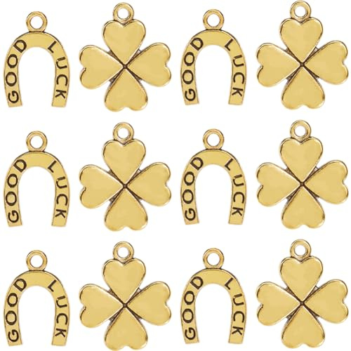SUNNYCLUE 1 Box 60 Stück Glücksklee Anhänger Hufeisen Anhänger Legierung Goldmetall Glückspferd Vierblättriges Kleeblatt Anhänger Zur Schmuckherstellung Charms DIY Halsketten Armbänder Ohrringe Hochze
