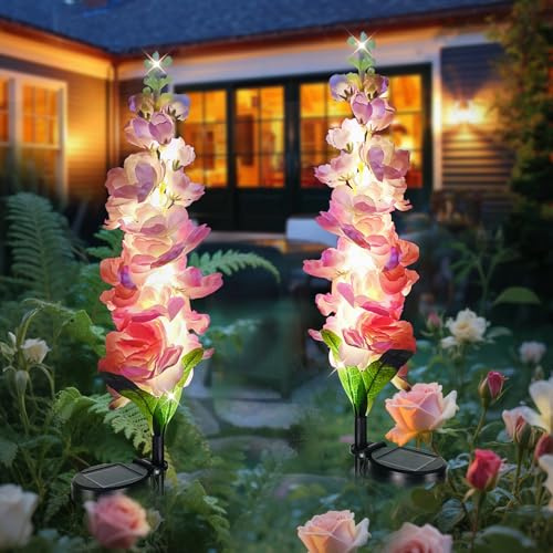 owwasd Solar Flower Lights Outdoor,2-Pack Violet Solar Garden Light with Glowing Stems Outdoor Garden Ornaments for Yard, Create a Romantic Night Ambience & Perfect Gifts for Mom (Pink)