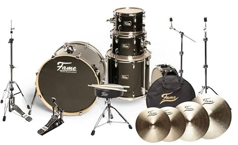 Fame Rock Set, 22 Bass Drum, Birch Satin Black Drum Kit, High Gloss Black Drum Set, 10 Tom, 12 Tom, 16 Floor Tom, 14 Snare, Hardware and Accessories Included