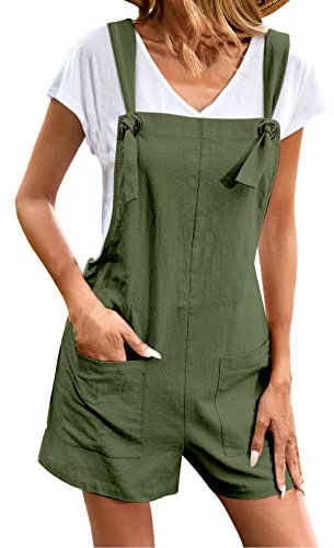 Generisch Latzhose Damen Kurz Leinen | Jumpsuit Damen Elegant Kurze Hose | Arbeitslatzhose Stretch Overall Ärmellos Einteiler Mit Taschen Playsuit Leichte Hosenanzug Casual Romper Bequeme Strampler