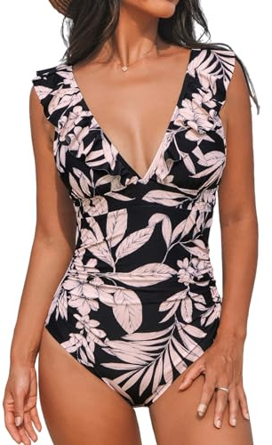 CUPSHE Damen Badeanzug Rüschen V Ausschnitt Monokinis Bauchweg Einteilige Bademode Swimsuit Schwarz/Beige Floral XL