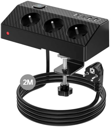 Multiprise Bureau PASSUS 7 en 1 Bloc Prise avec 3 Prises AC Françaises, 4 Ports USB (Dont USB-C PD 20W), Interrupteur, Protection Anti-Surtension, Câble 2m, 4000W/16A Multiprise pour Maison et Bureau