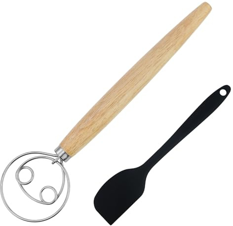 1 fouet danois en acier inoxydable à double trou pour mélanger rapidement la pâte à pain avec manche en bois fouet pour pâtisserie, pâte, pâtisserie, dessert (avec 1 spatule en silicone transparent)