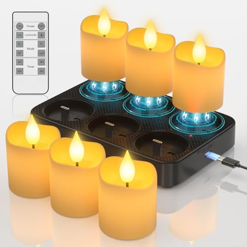 SoulBay Candele da tè ricaricabili, 6 candele elettriche a LED senza fiamma, con telecomando e timer tremolante, con base di ricarica, per decorare la casa, la stanza, il tavolo, Halloween