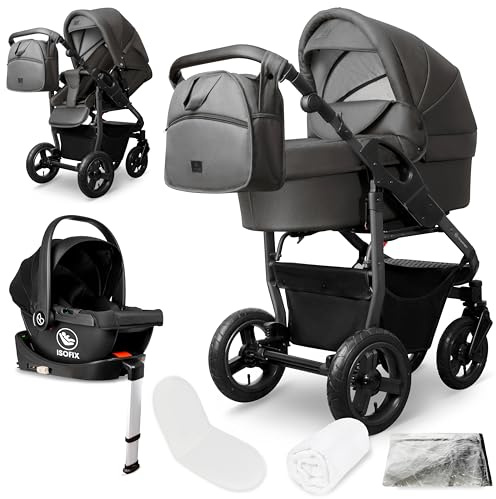 Bergsteiger Capri Kombikinderwagen 4-in-1 Babywanne Sportsitz Isofix | Komplettes Reisesystem mit i-size Babyschale Luftreifen Rahmenfederung verstellbarem Griff Zubehör und Wickeltasche