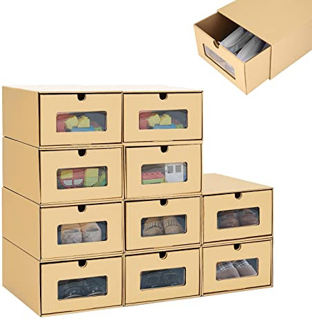 10PCS Stackable Cardboard Shoe Storage Boxes with Lids – Foldable Kraft Paper Shoebox with Clear Window – Small Shoe Organiser for Trainers, Boots, Heels, Clothes, Toys & More