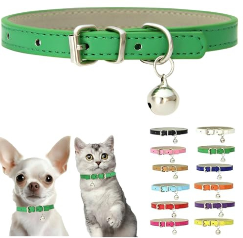Green XS Dog Collar With Bell, Pu Leather Cat Collar With Bell Soft Puppy Collar Adjustable Buckle For Tiny Teacup XXS Extra Small Male Boys Kitten Pets Like Chihuahua, X-Small
