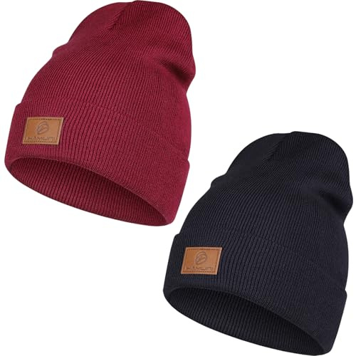 HAMUNI Beanie Mütze für Herren Damen, Klassische Wintermützen Bequem Atmungsaktiv Weich Acryl Beanie Hat Strickmütze Vintage Einfarbig Strick Bündchen Beanies Unisex (Schwarz+Jujube Rot)