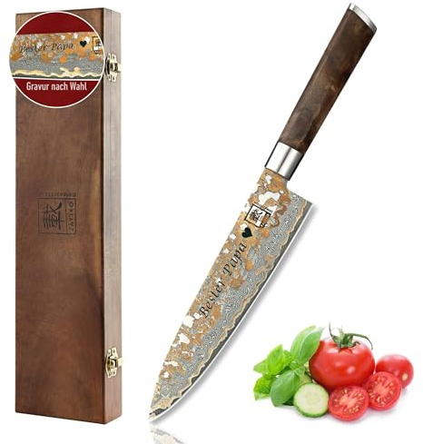 zayiko MysticMagma Chefmesser mit Gravur – Personalisiertes Messer, 20 cm Damaststahl-Klinge, Kupfer- & Bronzeinlay, Ahornwurzelholzgriff – Messer mit Gravur personalisiert, Geschenkbox