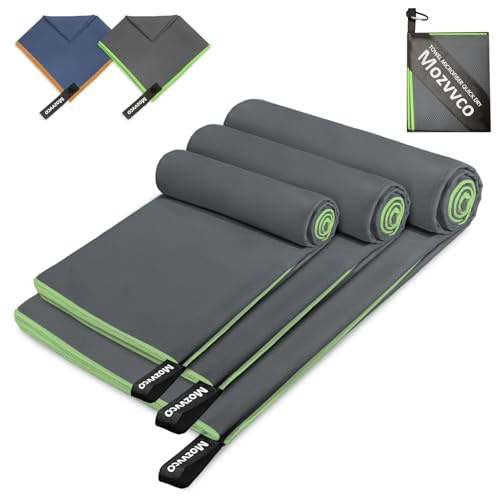 Mozvvco 3 Asciugamano Microfibra-180x80cm Grande Asciugamano per Palestra Assorbente+100x50cm Asciugamani da Spiaggia+80x40cm Asciugamani Veloce Asciugatura in Microfibra da Sport(Grigio Scuro+Verde)