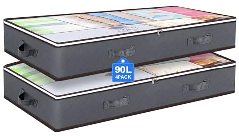 aichilra Lot de 2 boîtes sous lit 90 L pliables, 100 x 50 x 18 cm | Fenêtre transparente, tissu gris, rangement pour vêtements, couvertures et literie