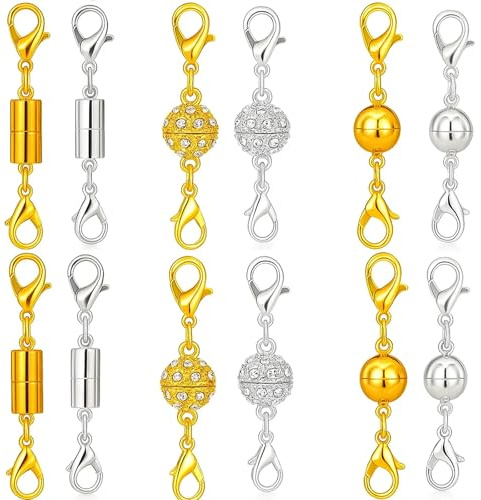12PCS Magnetic Necklace Clasps with Lobster Clasp Design, Magnetic Clasps for Necklaces, Secure Fasteners for Jewelry Making, Gift Customization, Silver and Gold Magnetic Necklace Extenders