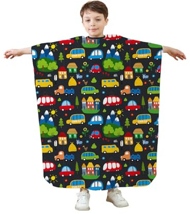 GlamRays Kinder Haarschneideumhang mit Ärmeln 100x140cm Wasserdicht Antistatisch Verstellbar Friseurumhang mit Auto Motiv für Jungen und Mädchen