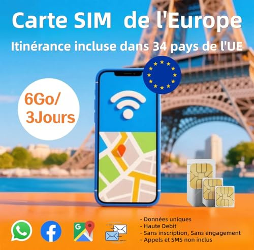 Carte SIM Data Unique- Europe 34 Pays | 6GB en 3 Jours | Prepayee sans Engagement | Haute Debit 4G/5G | Activation Instantanee | Aucune Inscription Requise
