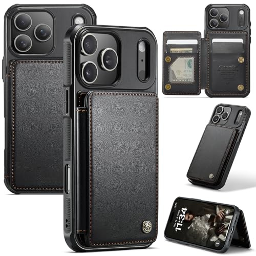 FONREST för iPhone-17-Pro-Max smal bakre plånboksfodral med RFID-blockerande korthållare flip-panel/kickstand, stötsäker TPU + PU-läder baksida skyddande fodral med magnetiska spännen (svart)