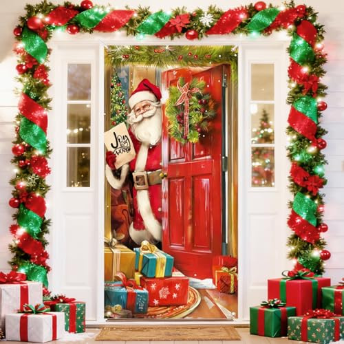 Weihnachten Tür Abdeckung Dekoration Weihnachtsmann Hängen Banner Hintergrund, Weihnachtsmann Deko Tür, Weihnachtsbanner für Haus Haustür Veranda Weihnachten Deko -90 x 180 cm