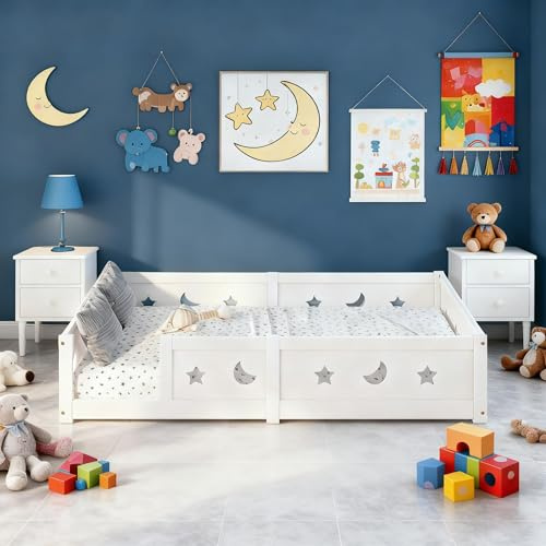 BLSYHDH Kinderbett 140x200 cm,Montessori Bett,Bodenbett aus Holz,Sicheres Kleinkindbett,Kinder Bett Bodenbett Mit Rausfallschutz,Gitterbett Kinder FüR Jungen und MäDchen Geeignet (Weiß-1, 140x200cm)