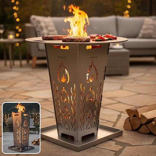 FireDesire Grill Pro Feuerkorb 80cm + Grillplatte + Ascheschale, Feuertonne, Feuerschale, Grilltonne, Ofen, Terassenofen, Grill, Stahlkorb, Plancha, Gartenfeuer