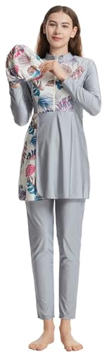 Costume da bagno da donna Burkini Modest, a copertura completa, a maniche lunghe, con pantaloni e tankini Hijab, estivo, con giunzioni, Grigio, 3XL