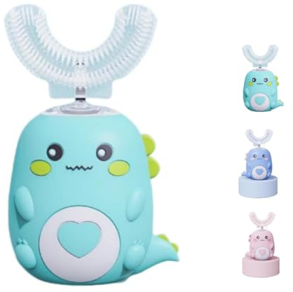 Lulabini DinoBrush 360° Ultraschall-Zahnbürste, Elektrische Zahnbürste Kinder ab 3, Zahnring Zahnbürste Kinder Komplettzahnbürste Kinder, U förmige zahnbürste kinder (Grün 2-6 Jahre)