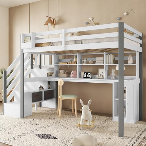 Merax Etagenbett 90x200cm, Kinderbett mit Rausfallschutz & Stauraumtreppe, Platzsparendes Hochbett mit Schreibtisch & Schließfächern & offene Regale, Stabil Stockbett aus Holz, Jugendbett, Weiß&Grau
