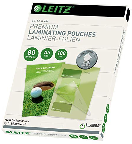 Leitz Heißlaminierfolien A5 80 mic, Laminierfolien in Premium-Qualität im 100er Pack, Glänzend, Transparent, Vereinfachtes Einlegen durch UDT, iLAM, 74920000