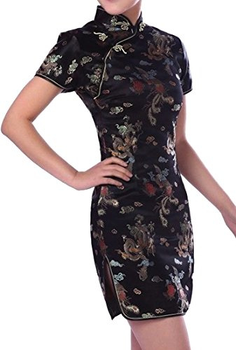 UK Seller Black Dragon & Phoenix Chinese Short Mini Evening Party Dress Cheongsam Qipao Despatch Same Working Day (UK 6)