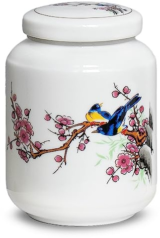 Dahlia White Tea Canister for Loose Tea, Airtight Screw On Lid Porcelain Tea Caddy, Birds and Flowers, 640 ML