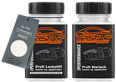 TRISTARcolor Autolack Lackstift für VW/Volkswagen R902 Grauweiss +1K | Set aus Basislack + Klarlack, Lackfläschchen mit Pinsel, je 50ml