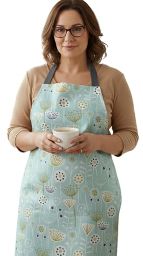 Jolee... Fabrics Wipe Clean PVC Coated Aprons - 100% Cotton Oilcloth - One Size - Easy to Clean and Splash Proof Apron (Scandinavian Bergen Duck Egg, Adult (75cm Length))