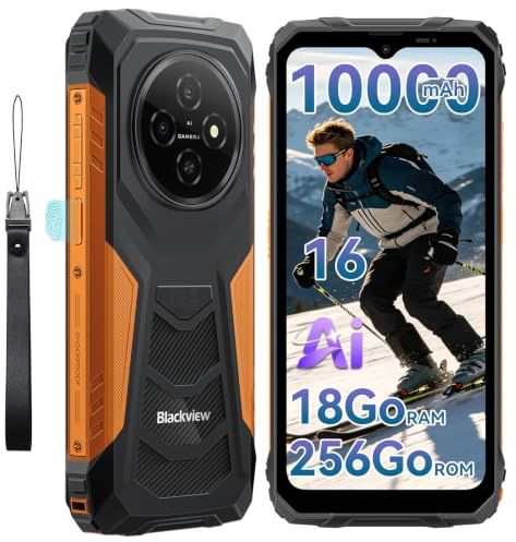 Blackview Téléphone Portable Incassable 10000mAh, Smartphone Android 16 Résistant IP68/IP69K, 18Go RAM + 256Go ROM, Écran 6,56 HD+ 90Hz, AI Camera, Double SIM, NFC, OTG, GPS, 3 Ans de Garantie